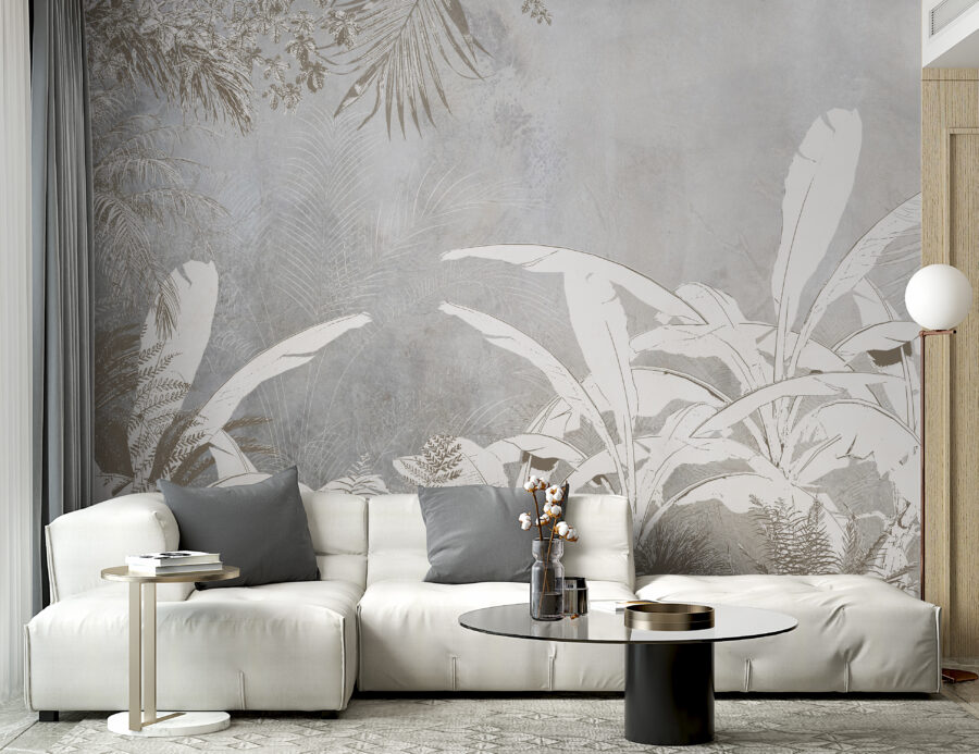 Wit en grijs behang met planten