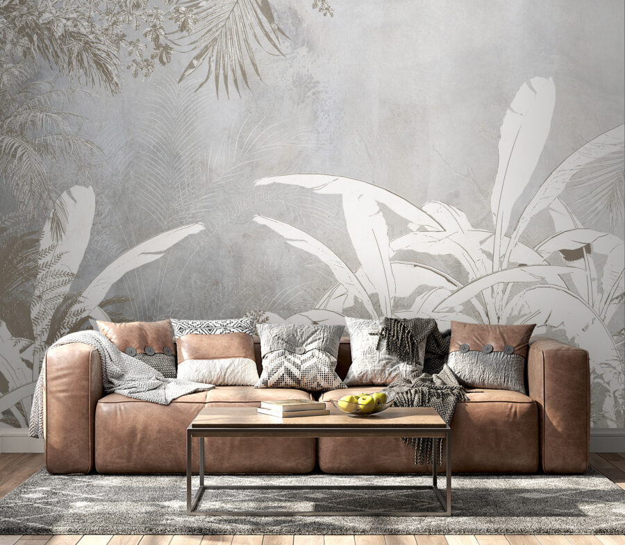 Wit en grijs behang met planten