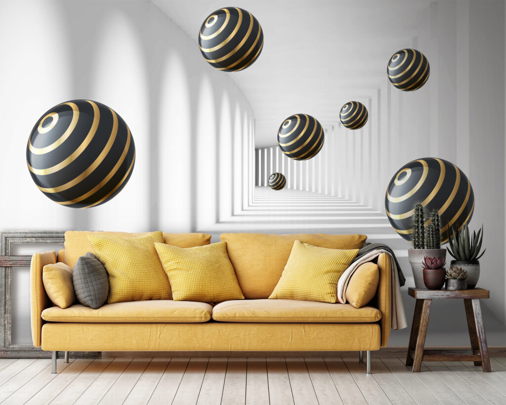 Striped spheres float in white corridor