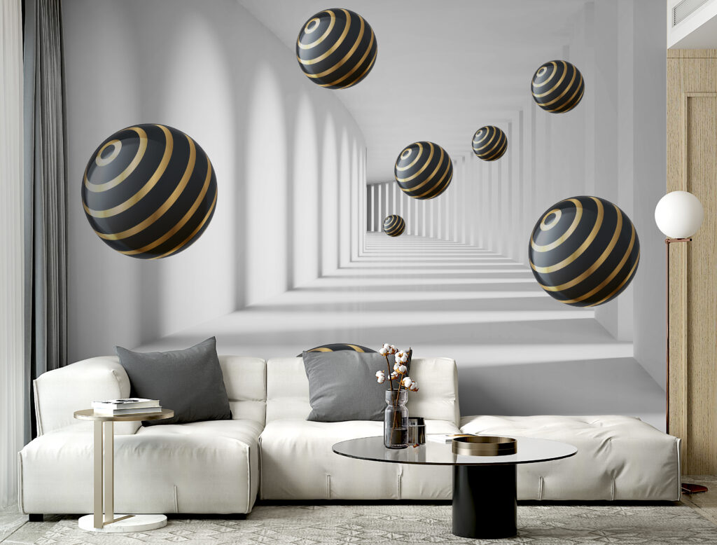 Striped spheres float in white corridor