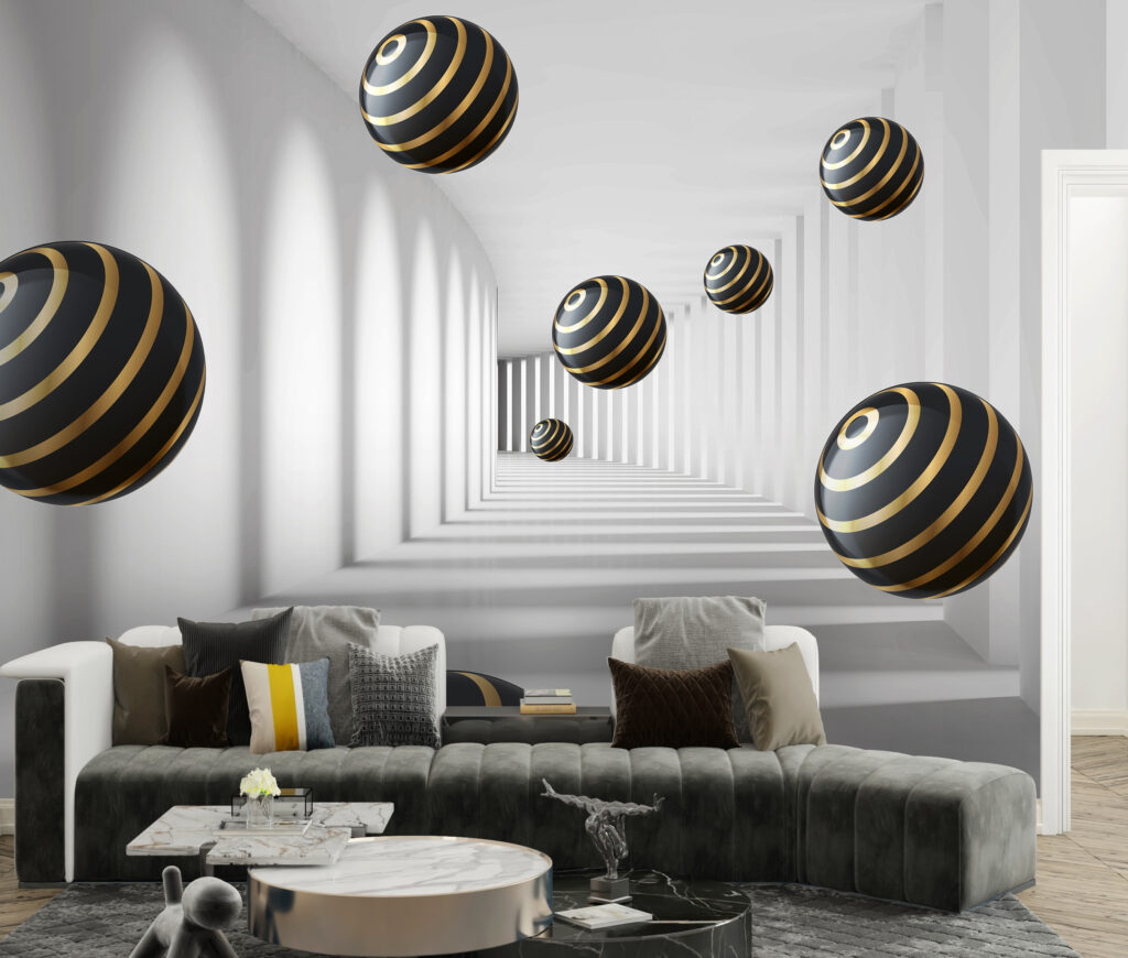 Striped spheres float in white corridor