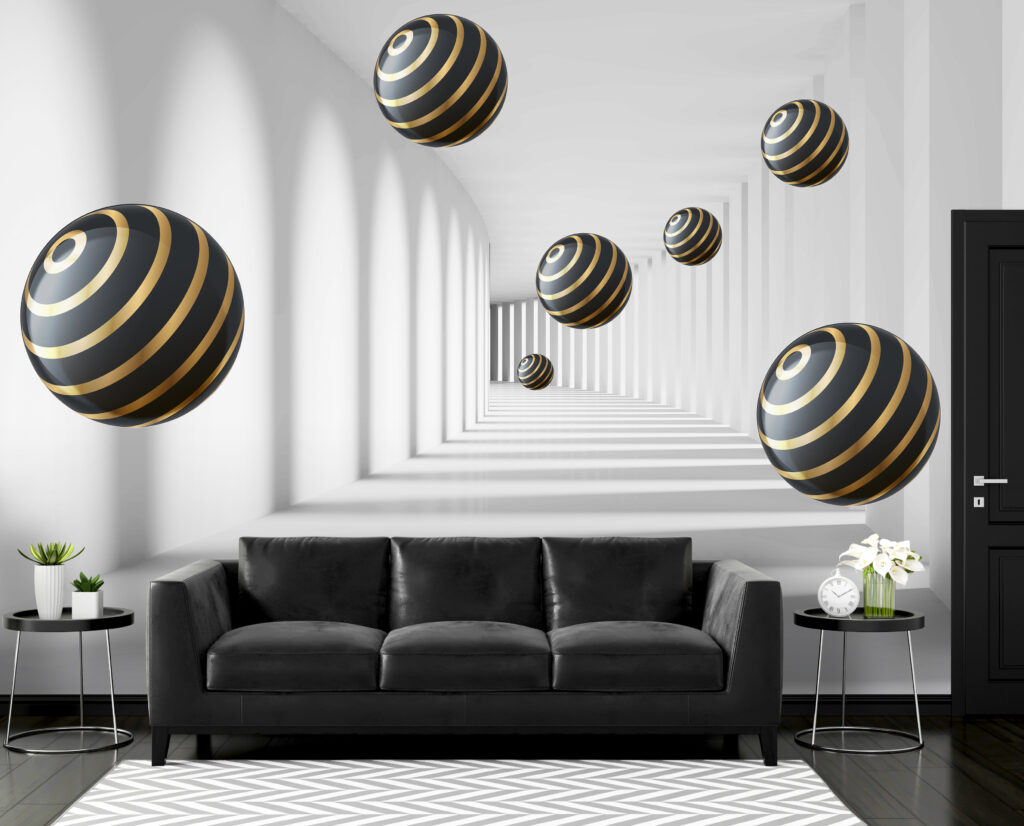 Striped spheres float in white corridor