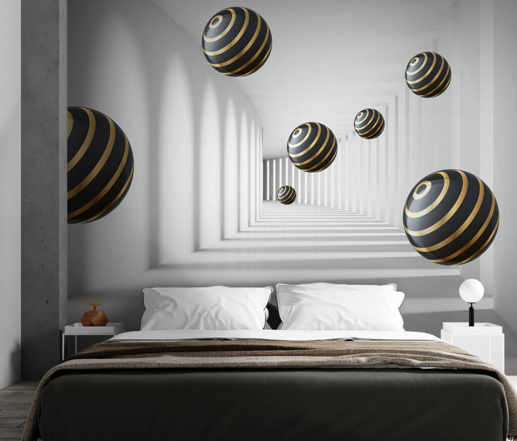 Striped spheres float in white corridor