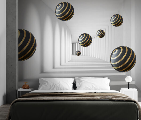 Striped spheres float in white corridor Striped spheres float in white corridor