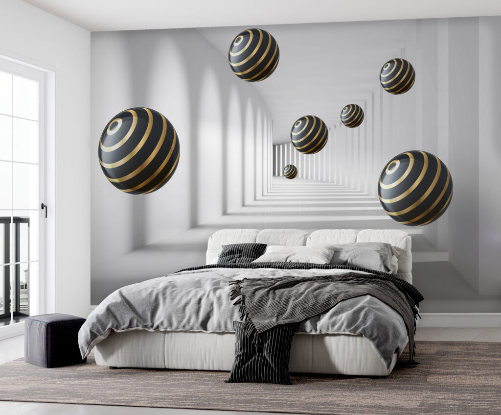 Striped spheres float in white corridor