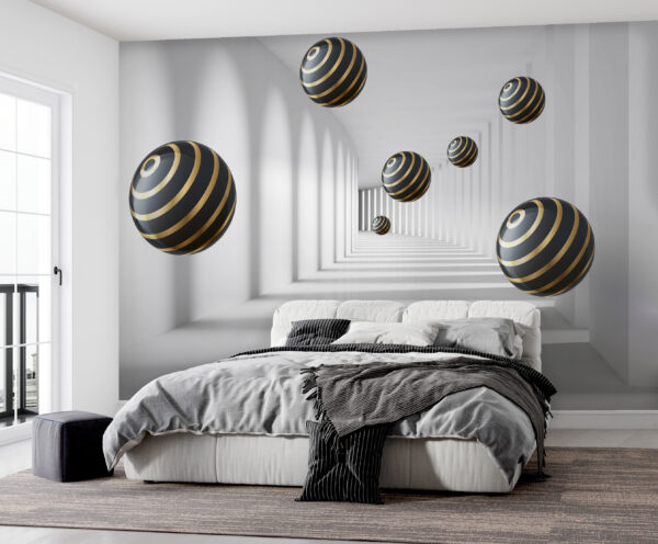 Striped spheres float in white corridor Striped spheres float in white corridor