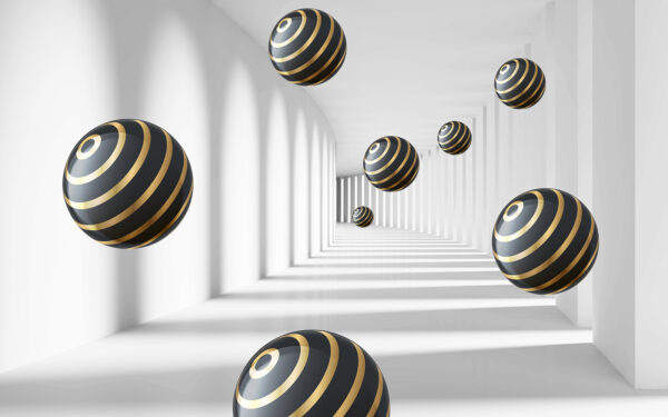 Striped spheres float in white corridor Striped spheres float in white corridor
