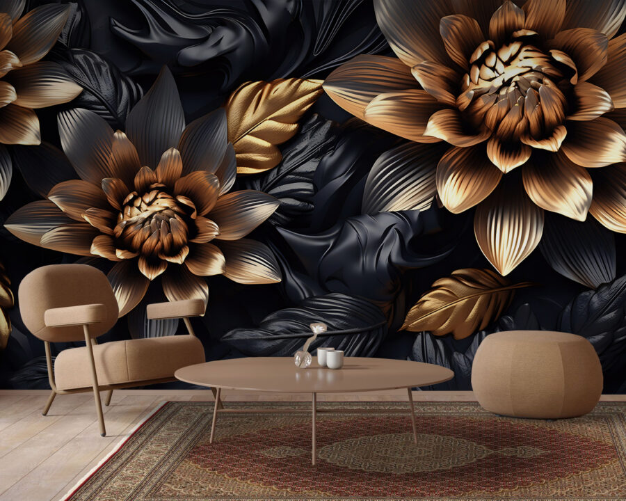 Bronzen bloemen in middernachtelijke schaduwen.