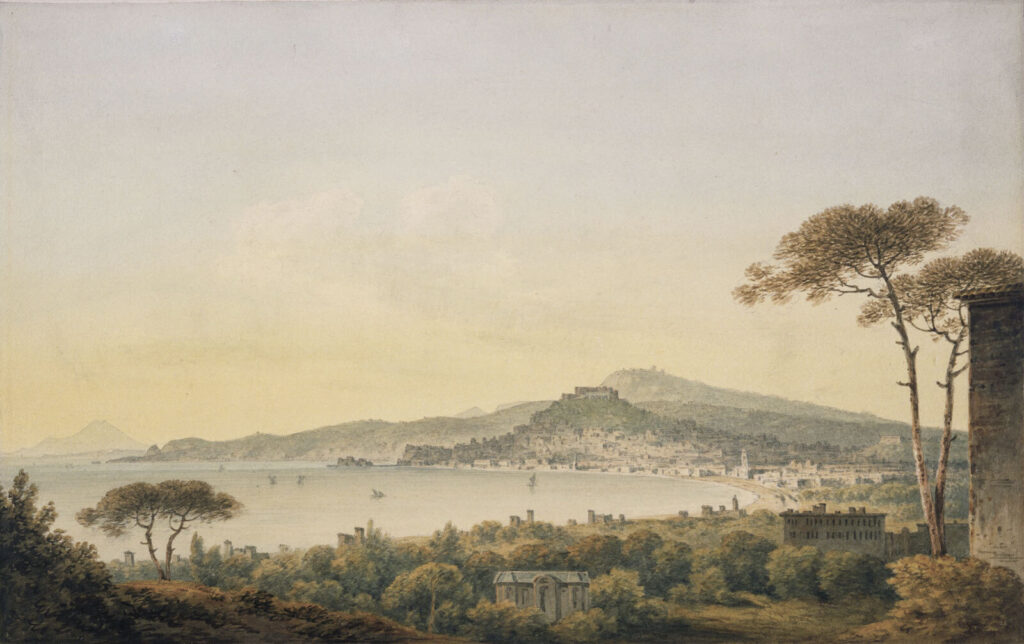 Een landschap met een stad en een watermassa Een landschap met een stad en een watermassa