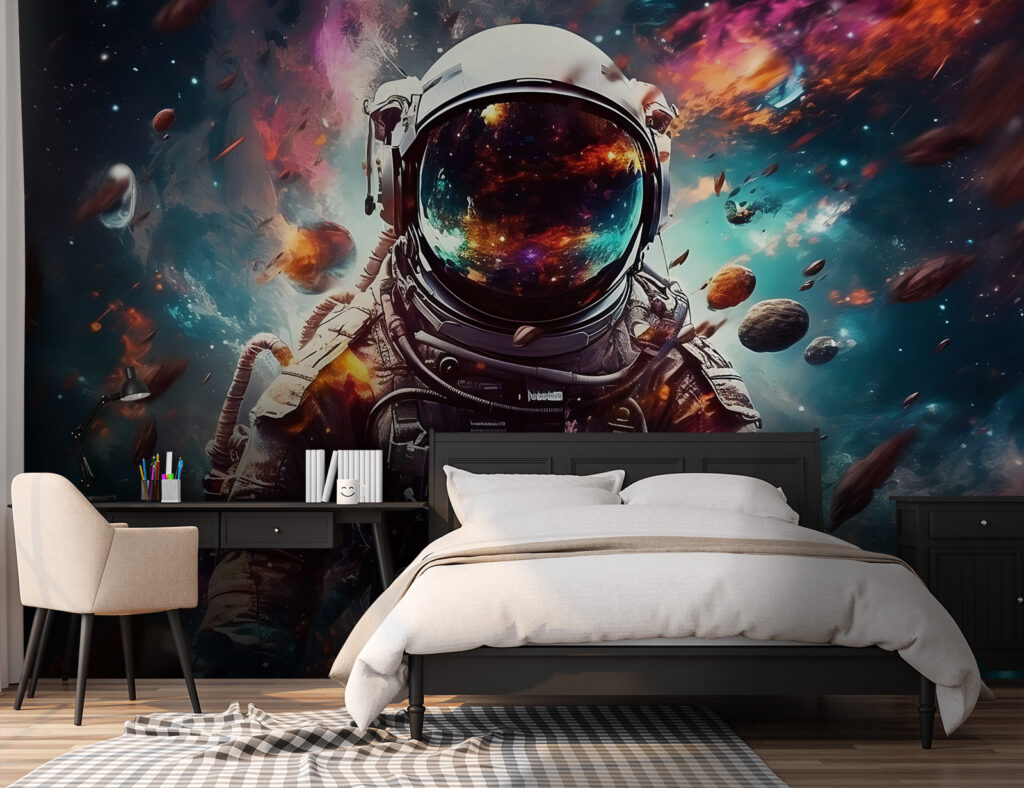 An astronaut in space with a large helmet