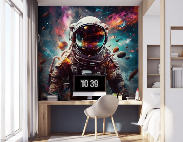 Een astronaut in de ruimte met een grote helm Een astronaut in de ruimte met een grote helm