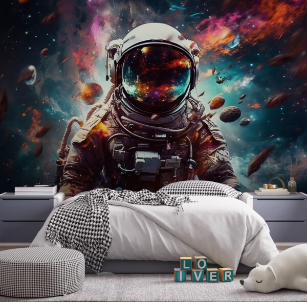 Een astronaut in de ruimte met een grote helm Een astronaut in de ruimte met een grote helm