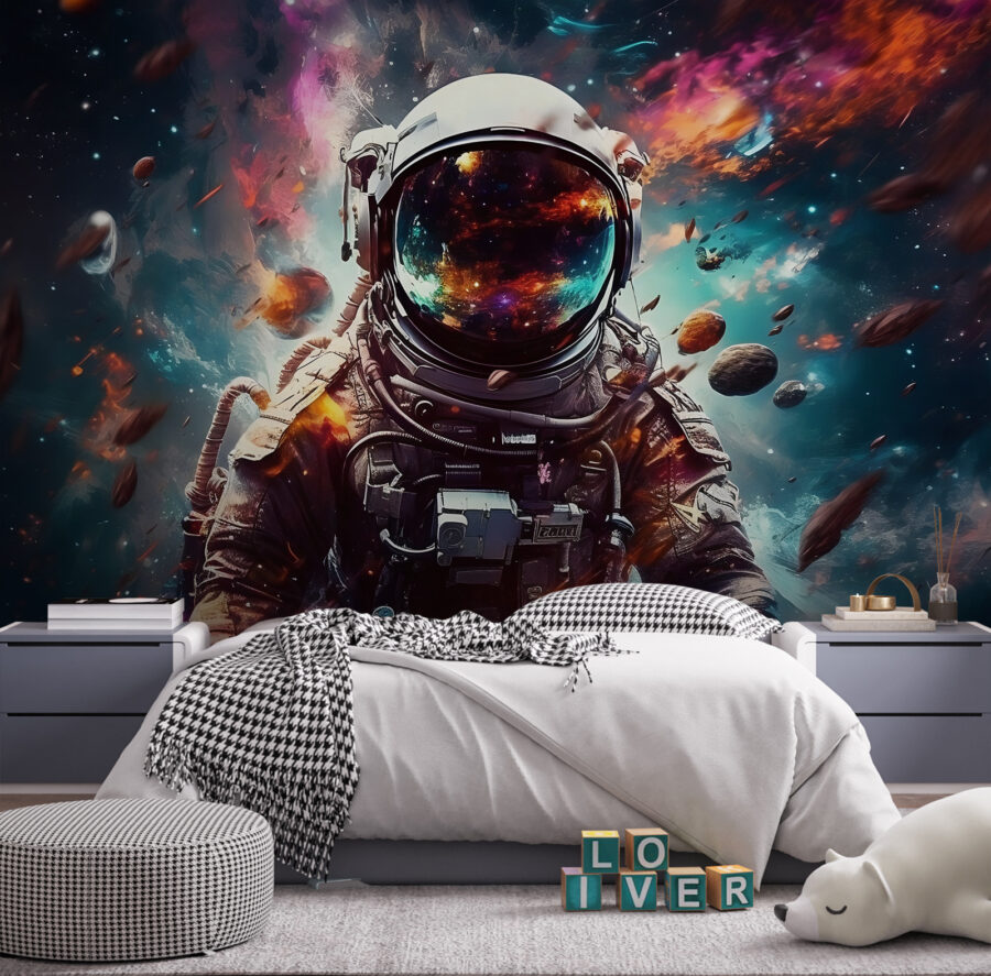 Een astronaut in de ruimte met een grote helm Een astronaut in de ruimte met een grote helm