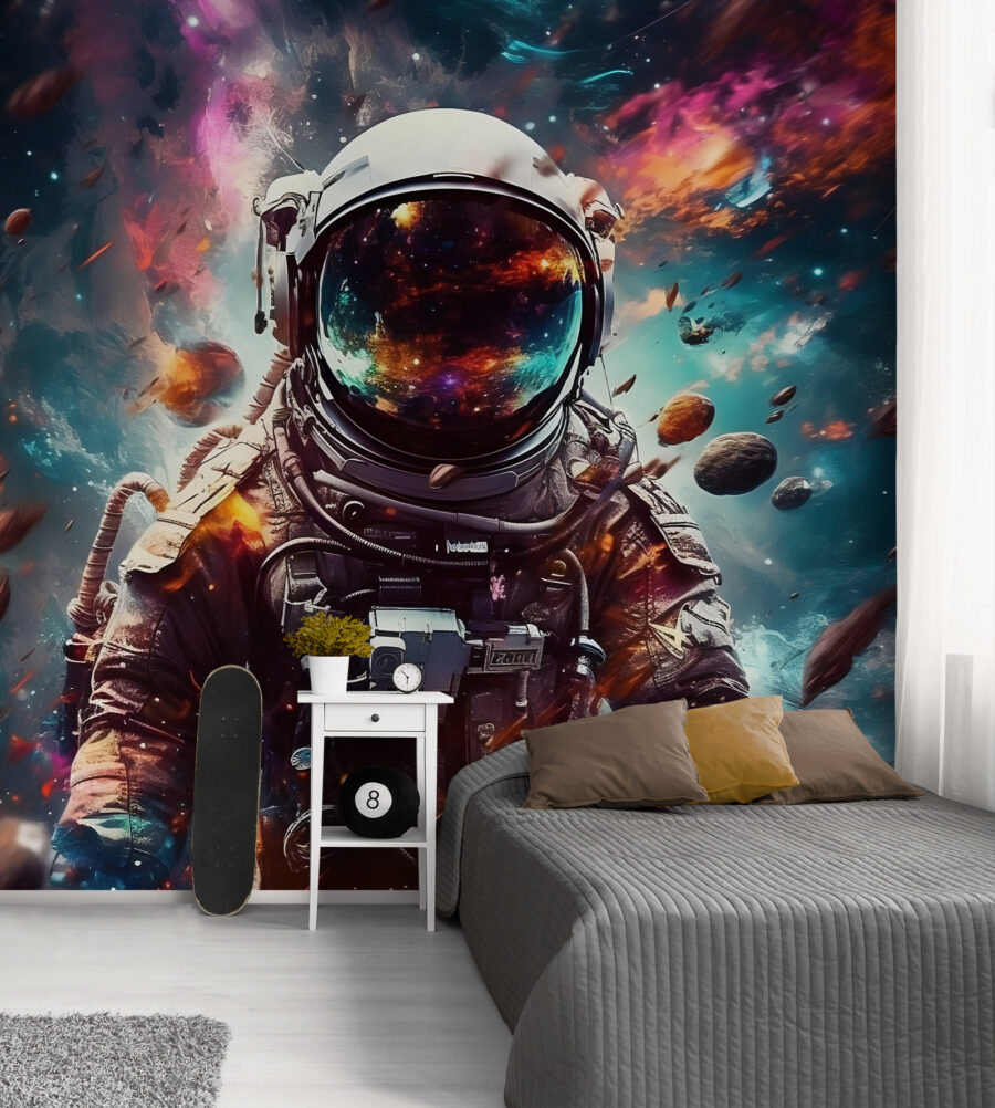 Een astronaut in de ruimte met een grote helm Een astronaut in de ruimte met een grote helm