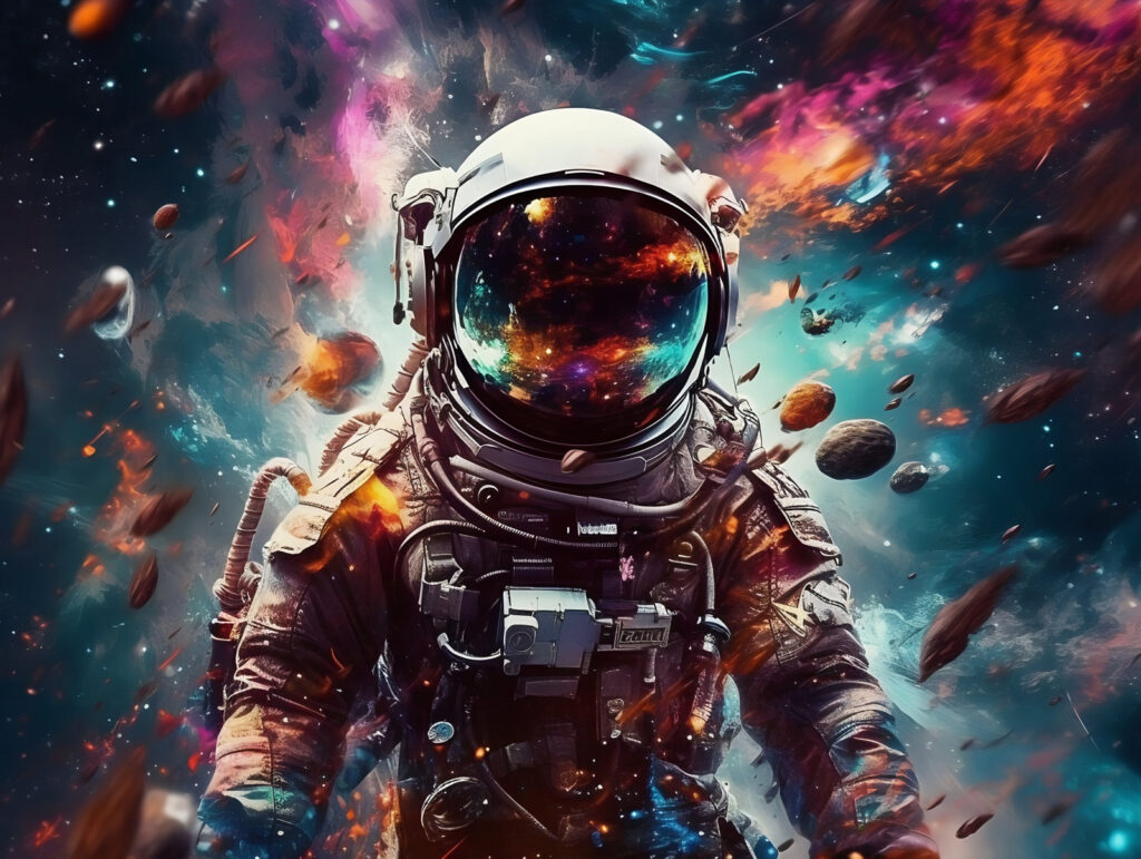 Een astronaut in de ruimte met een grote helm Een astronaut in de ruimte met een grote helm