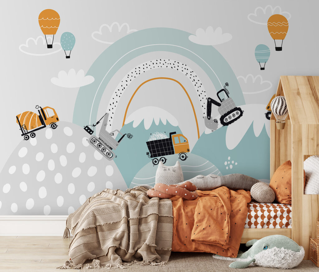 Cartoon of vehicles and a rainbow Cartoon of vehicles and a rainbow