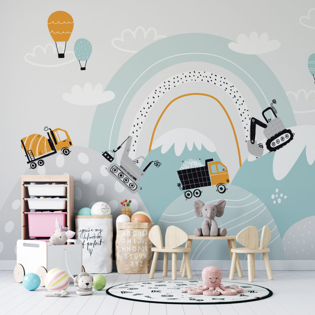 Cartoon of vehicles and a rainbow Cartoon of vehicles and a rainbow