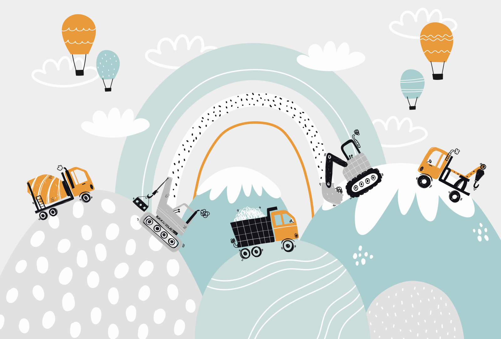 Cartoon of vehicles and a rainbow Cartoon of vehicles and a rainbow