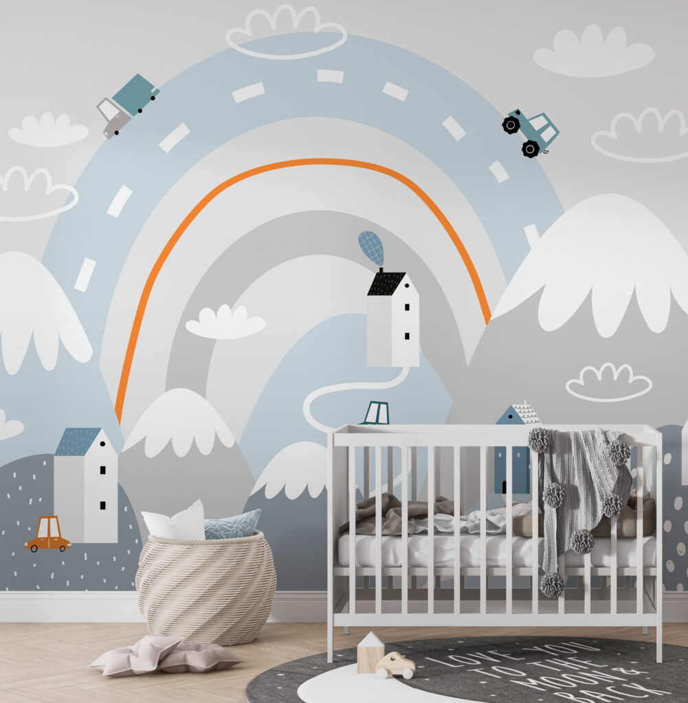 Cartoon of a road with houses and rainbow