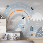 Fotobehang Cartoon van een weg met huizen en regenboog