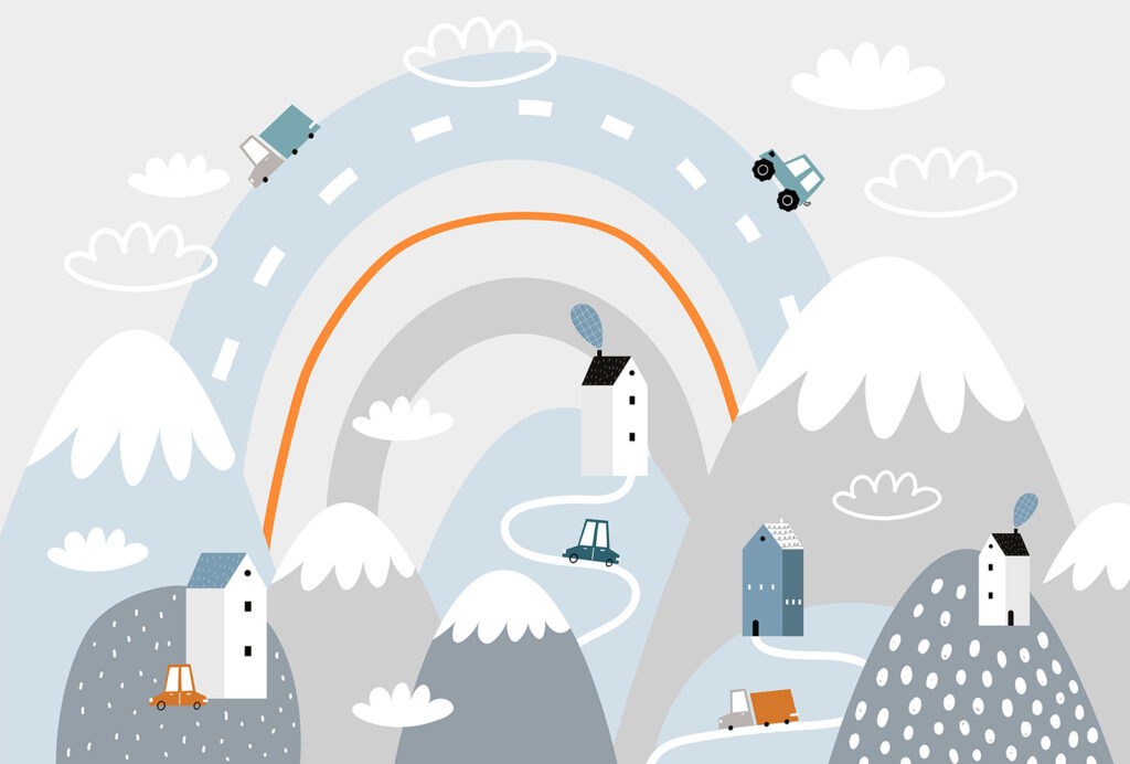Cartoon van een weg met huizen en regenboog Cartoon van een weg met huizen en regenboog