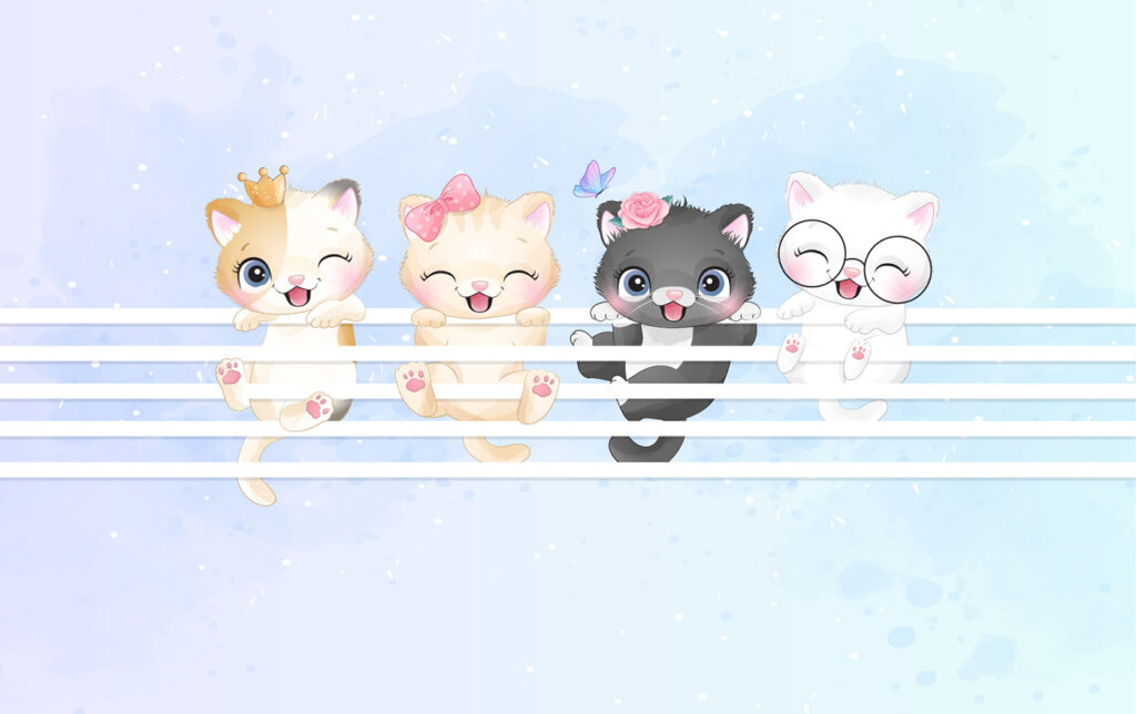 Groep kittens op een wit hek Groep kittens op een wit hek