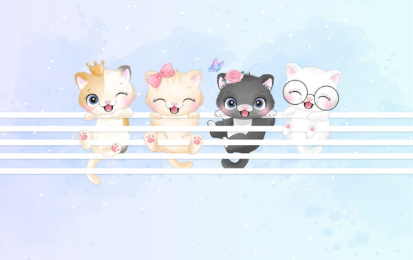 Groep kittens op een wit hek Groep kittens op een wit hek