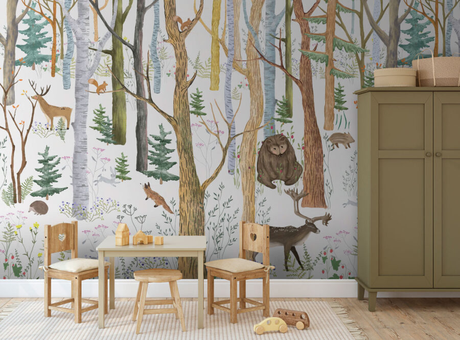 Fotobehang Bos met bomen en dieren