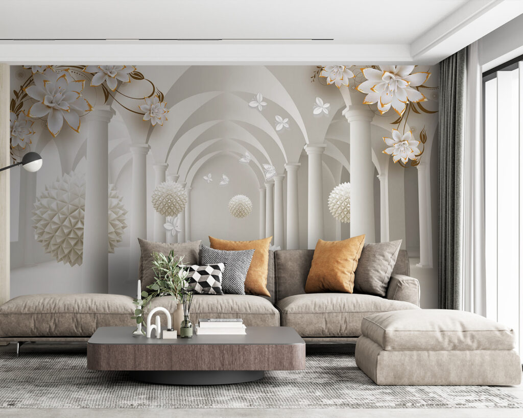 White room with white flowers and white balls White room with white flowers and white balls