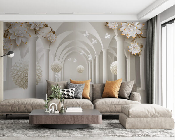 Witte kamer met witte bloemen en witte ballen Witte kamer met witte bloemen en witte ballen