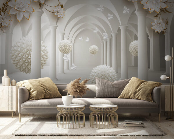 Witte kamer met witte bloemen en witte ballen Witte kamer met witte bloemen en witte ballen