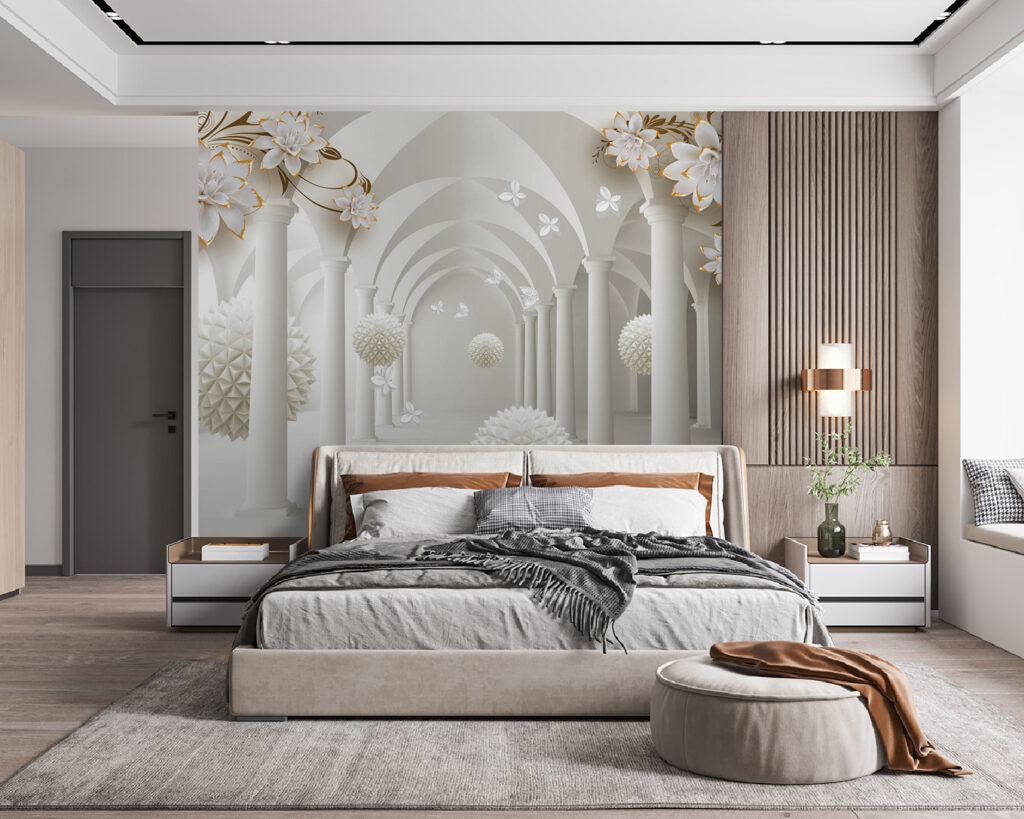 White room with white flowers and white balls White room with white flowers and white balls