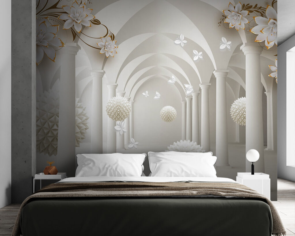 White room with white flowers and white balls White room with white flowers and white balls