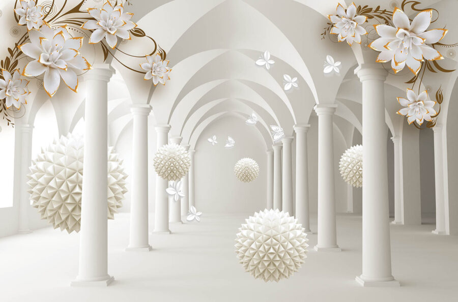 Witte kamer met witte bloemen en witte ballen