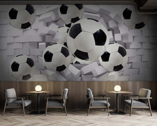 Groep voetballen vliegt over een muur Groep voetballen vliegt over een muur