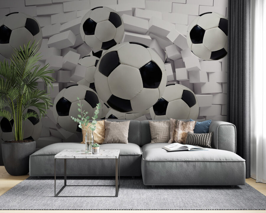 Groep voetballen vliegt over een muur