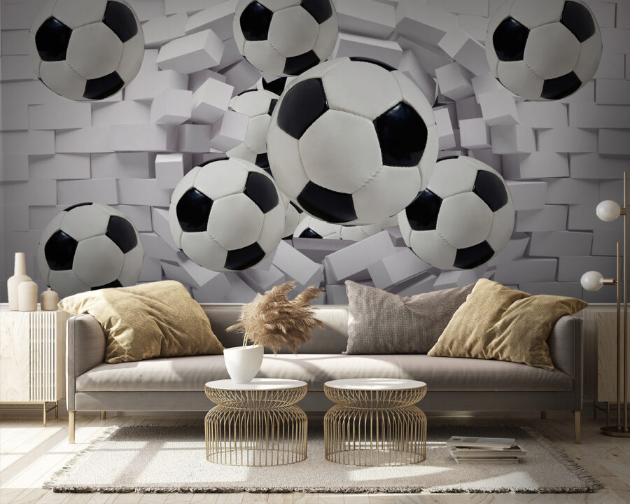 Groep voetballen vliegt over een muur