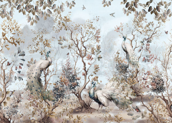 Schilderij van pauwen in een bos Schilderij van pauwen in een bos