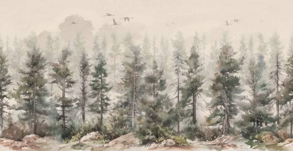 Aquarel van bomen en vogels vliegend over een mistig bos Aquarel van bomen en vogels vliegend over een mistig bos