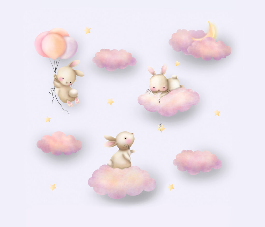 Groep konijnen op wolken Groep konijnen op wolken