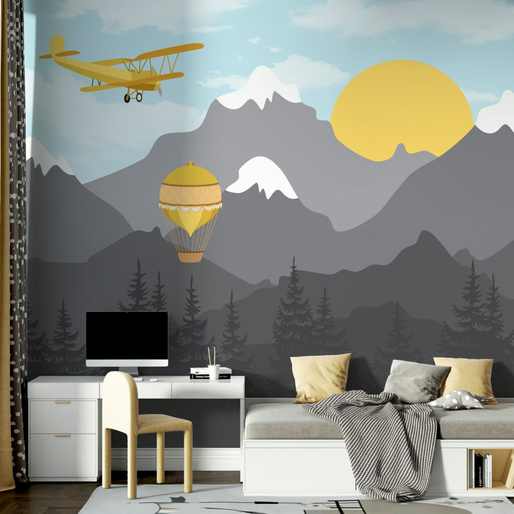 Yellow airplane flying over mountains Yellow airplane flying over mountains