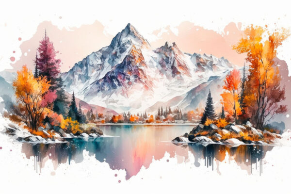 Aquarel van een berg en een meer Aquarel van een berg en een meer
