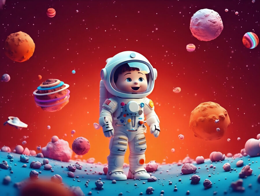 Cartoon van een speelgoed astronaut in de ruimte