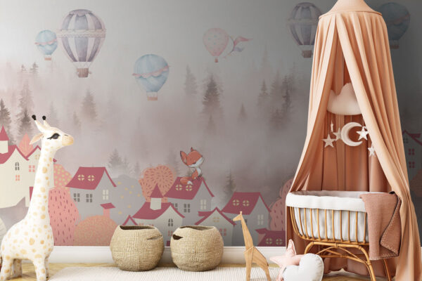 Spotprent van een vos op een dak van een stad met heteluchtballonnen Spotprent van een vos op een dak van een stad met heteluchtballonnen