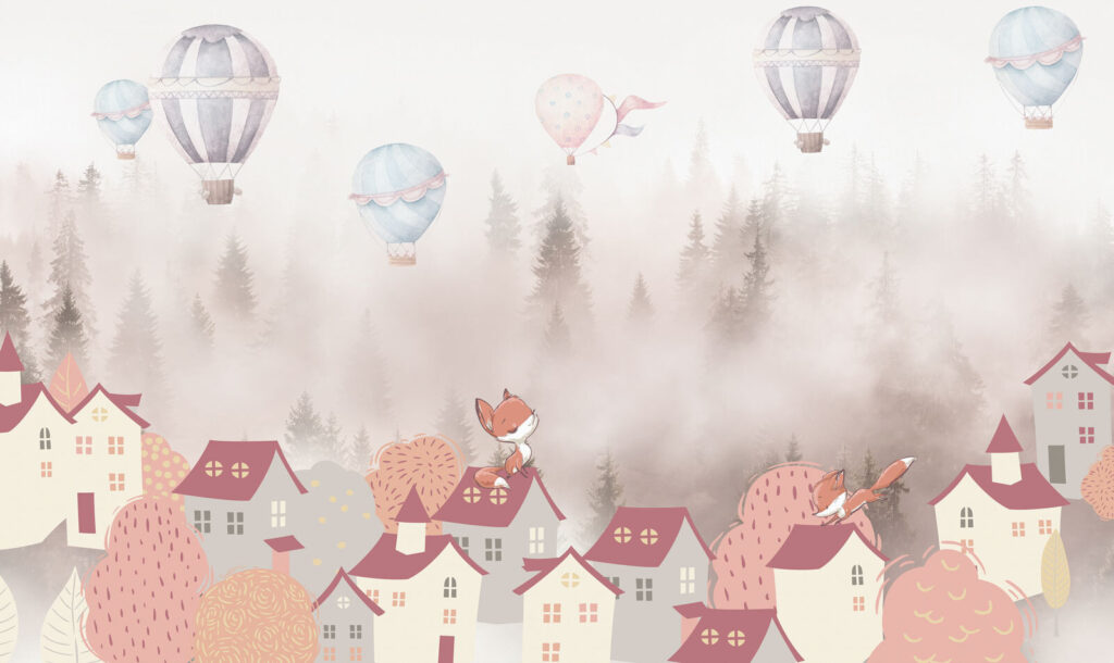 Spotprent van een vos op een dak van een stad met heteluchtballonnen Spotprent van een vos op een dak van een stad met heteluchtballonnen