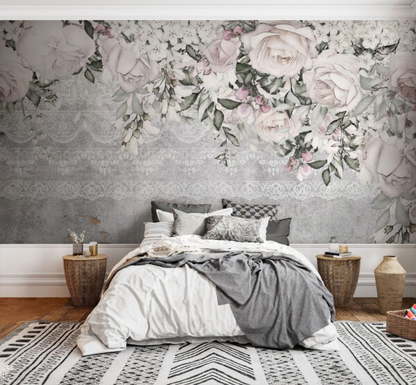 Witte en roze bloemen op een grijze achtergrond Witte en roze bloemen op een grijze achtergrond