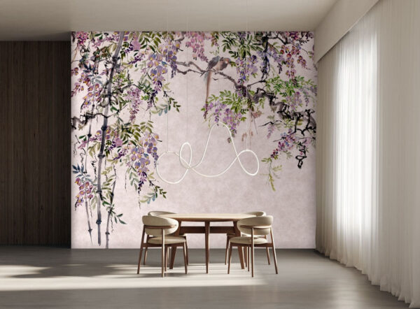 Schilderij van een boom met paarse bloemen Schilderij van een boom met paarse bloemen