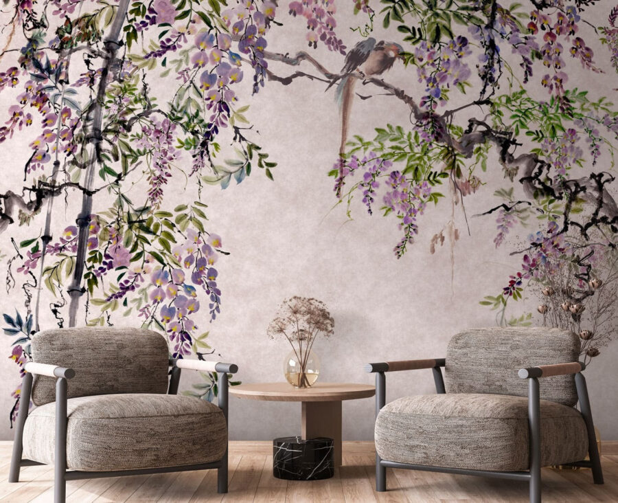 Schilderij van een boom met paarse bloemen
