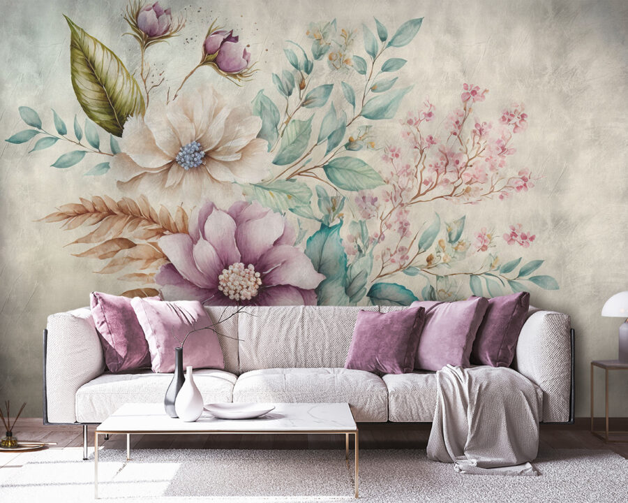 Schilderij van bloemen en bladeren Schilderij van bloemen en bladeren