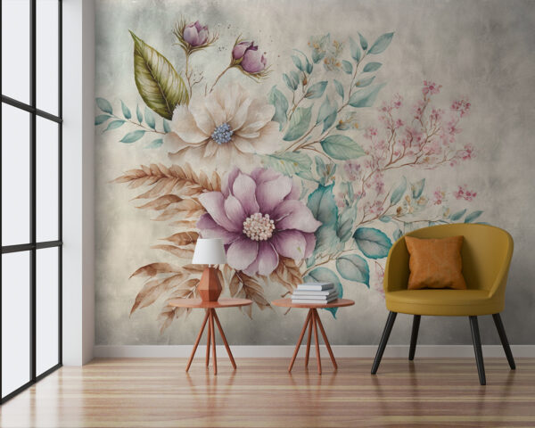 Schilderij van bloemen en bladeren Schilderij van bloemen en bladeren